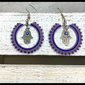 Boho Beaded Hand of Fatima HANDMADE Purple Hoop Earrings